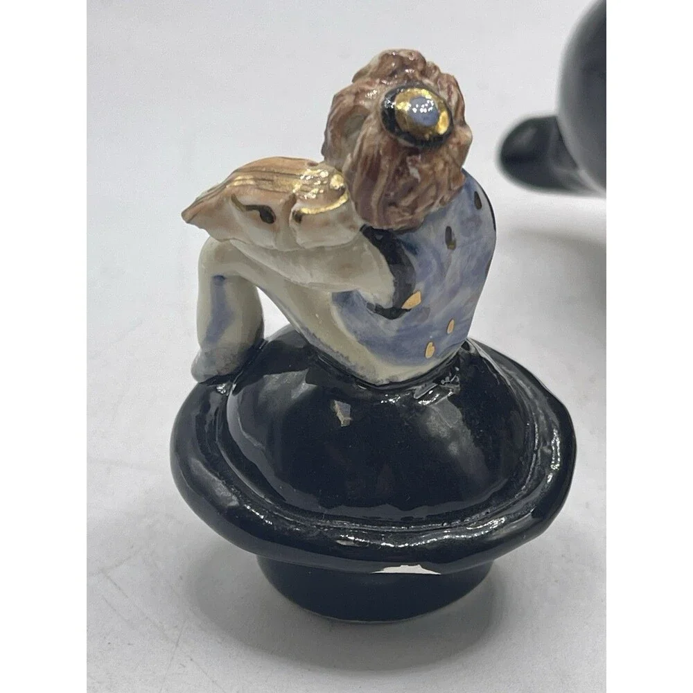 VTG Black Teapot Handpainted Signed O Gold w/ Ceramic Figures Boy Violin Cat +